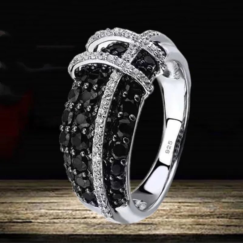 Fashion Women Creative Cross Cross Zircon Ring Black and White Bicolor Zircon Ring Engagement Rings for Women Princess Jewelry Lovely Girl Birthday Party Anniversary Gift Size: 5-11