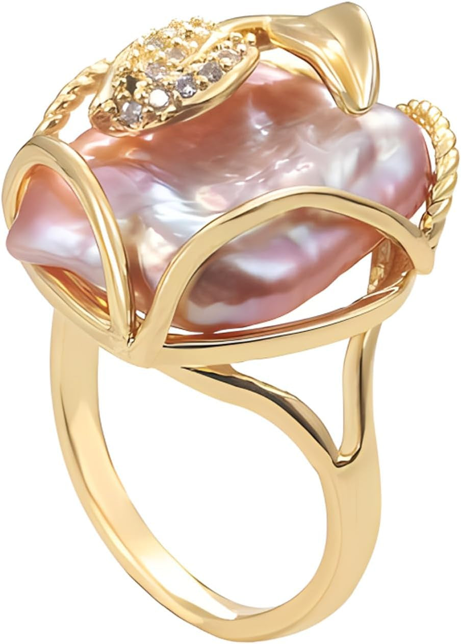 Irregular Pearl Ring, Baroque Pearl Leaf Shape Rhinestone Ring, Gold Vintage Pearl Stacking Ring, Open End Adjustable Statement Ring, Fashion Jewelry Ring Gift for Women - WORLD TIME VISITS