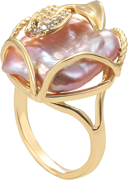 Irregular Pearl Ring, Baroque Pearl Leaf Shape Rhinestone Ring, Gold Vintage Pearl Stacking Ring, Open End Adjustable Statement Ring, Fashion Jewelry Ring Gift for Women - WORLD TIME VISITS
