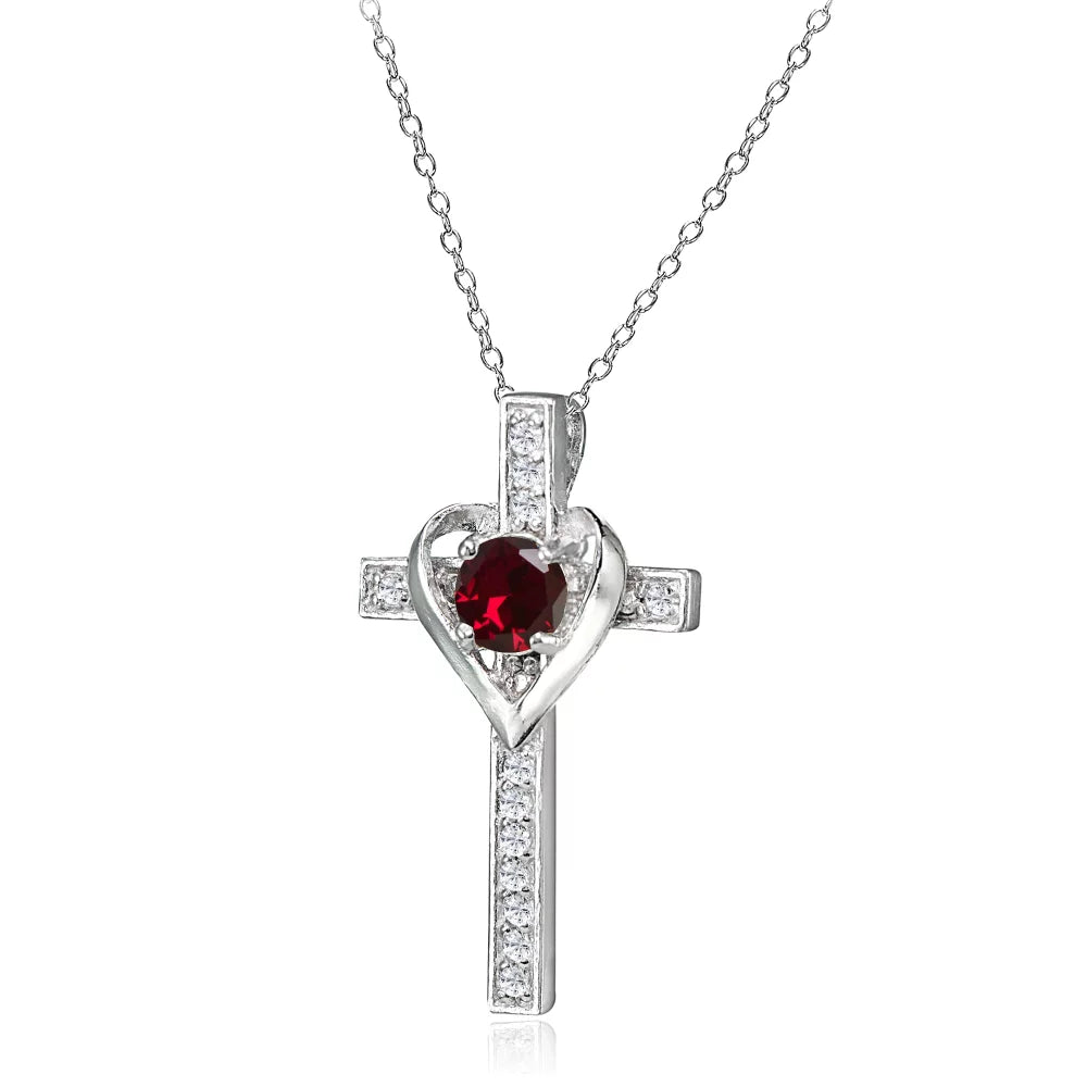 Sterling Silver Created Ruby and White Topaz Heart Cross Birthstone Pendant Necklace