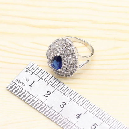 925 Silver Royal Blue Zirconia Wedding Jewelry Set For Women Heart Shape Necklace Pendant Ring Earrings Bracelet S Gift Box