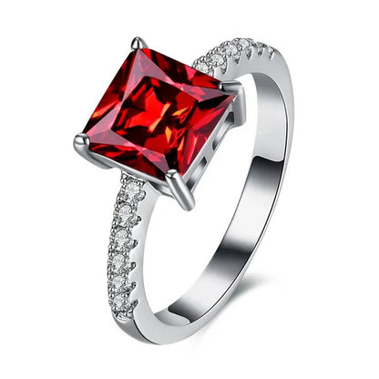 Women 18K White Gold Plated Square Rainbow Sapphire Crystal Wedding Ring Bridal Jewelry