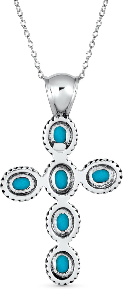 South Western Style Stabilized Turquoise Rope Bezel Set Cross Pendant Necklace for Women .925 Sterling Silver More Colors - WORLD TIME VISITS