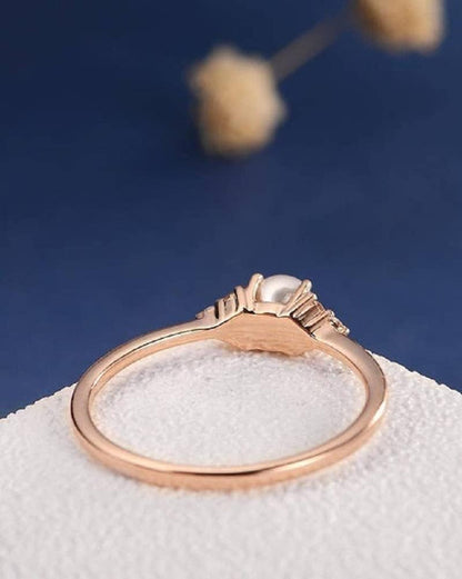 925 Sterling Rose Silver Fresh Water Tiny Pearl Imbue Diamond Close Dainty Simple Design Ring Handmade Polishing Crafted Hypoallergenic Charm Ring Jewelry Elegant Prom Party Size 7