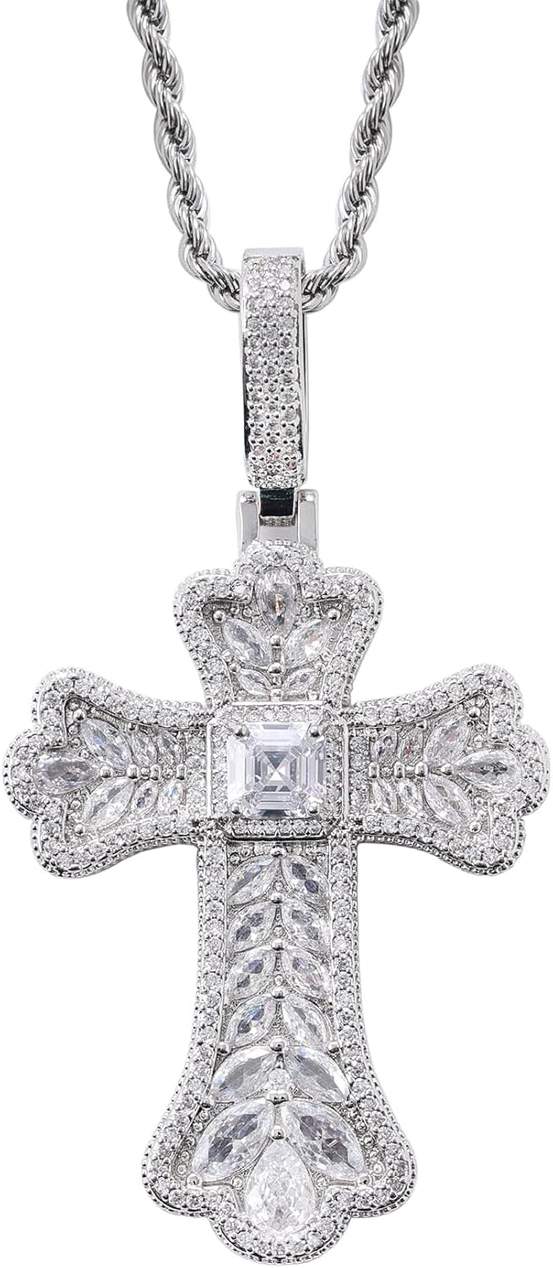 Gothic Colorful Iced Out Cross Pendant with 20" Stainless Steel Rope Chain, Heavyweight Oversized Design, 14K Gold Plated, 5A CZ Stones, Hip-Hop Religious Jewelry for Men & Women - WORLD TIME VISITS