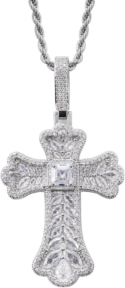 Gothic Colorful Iced Out Cross Pendant with 20" Stainless Steel Rope Chain, Heavyweight Oversized Design, 14K Gold Plated, 5A CZ Stones, Hip-Hop Religious Jewelry for Men & Women - WORLD TIME VISITS