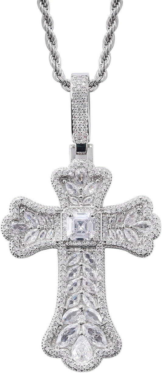 Gothic Colorful Iced Out Cross Pendant with 20" Stainless Steel Rope Chain, Heavyweight Oversized Design, 14K Gold Plated, 5A CZ Stones, Hip-Hop Religious Jewelry for Men & Women - WORLD TIME VISITS