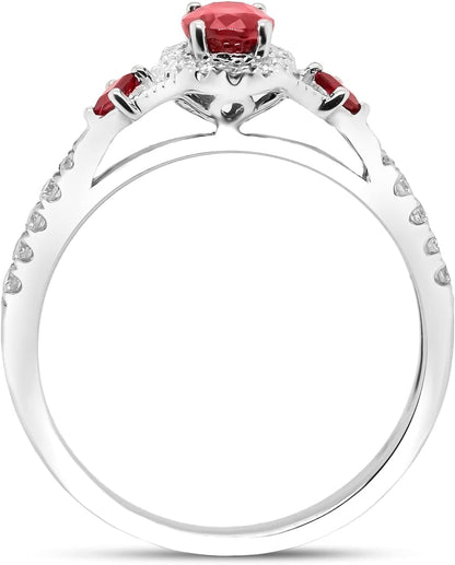 10K White Gold Mozambique Genuine Ruby Ring with Diamonds for Women | Ethically, Authentically & Organically Sourced (Oval-Cut) Shaped Ruby Hand-Crafted Jewelry for Her | Ruby Ring for Women