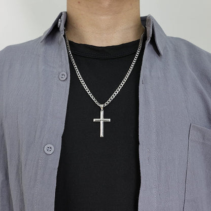 925 Sterling Silver Cross Necklace for Men Women with Stainless Steel Durable Cuban Link Chain Polished Beveled Edge Cross Chain Pendant Necklace Jewelry 16-28 Inches