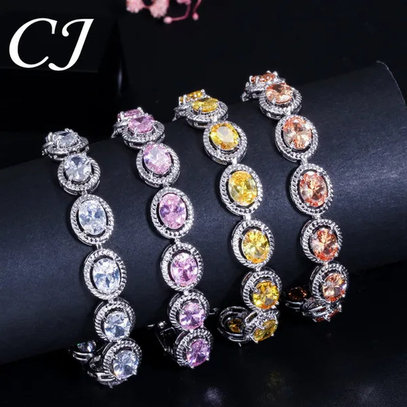 CANDICE Luxury Quality Oval Blue Crystal Women Strand Bracelet Bangles Setting Stylish Silver Plating CZ Hand Jewelry for Lady Anniversary Birthday Gifts