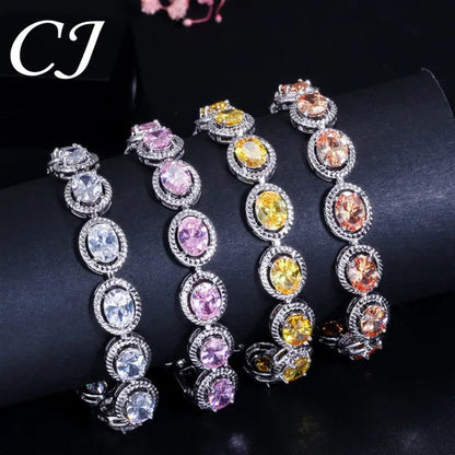 CANDICE Luxury Quality Oval Blue Crystal Women Strand Bracelet Bangles Setting Stylish Silver Plating CZ Hand Jewelry for Lady Anniversary Birthday Gifts