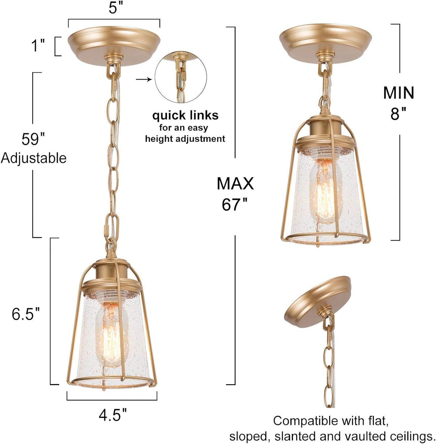 Gold Pendant Lighting, Mini Modern Hanging Light Fixture with Seeded Glass Shade for Kitchen Island, Foyer, Hallway, Bedroom and Entryway