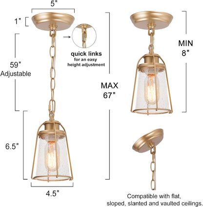 Gold Pendant Lighting, Mini Modern Hanging Light Fixture with Seeded Glass Shade for Kitchen Island, Foyer, Hallway, Bedroom and Entryway