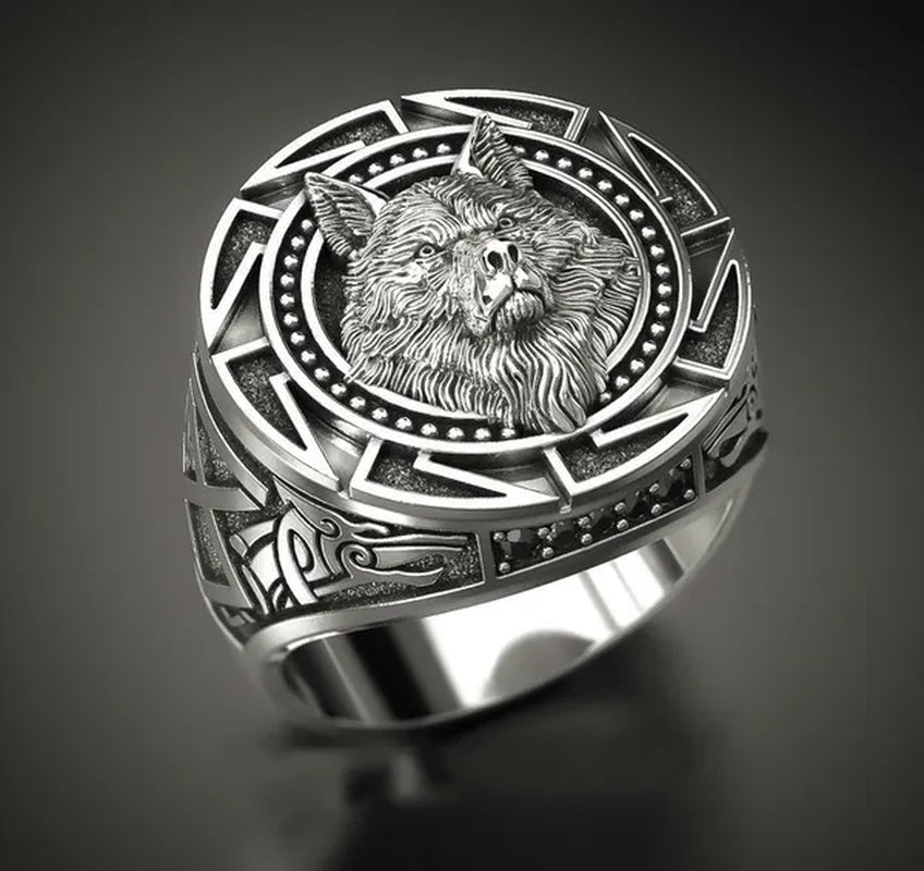 Vintage Embossed Antique Wolf Head Ring Men's Gothic Viking Steampunk Hip Hop Engraved Animal Pattern Ring Party Club Gift