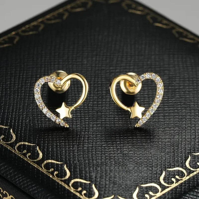 14K Gold Love Heart Star White Zircon Stud Earrings for Women Wedding Engagement Bride Jewelry Gift