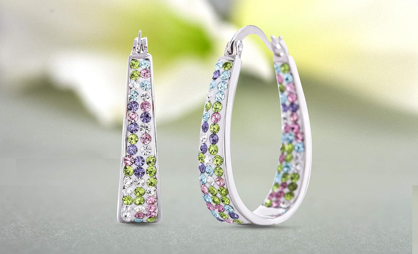 Oval inside outside Hoop Earrings for Women Faceted Sparkle Crystals