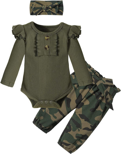 Newborn Baby Girl Clothes Ribbed Ruffle Sleeve Romper + Floral Pants + Headband Cute Infant Baby Girl Outfit 3Pcs - WORLD TIME VISITS