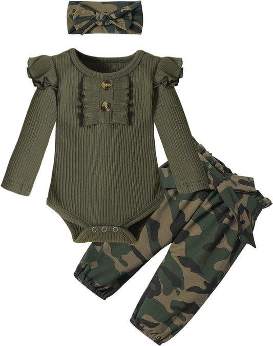 Newborn Baby Girl Clothes Ribbed Ruffle Sleeve Romper + Floral Pants + Headband Cute Infant Baby Girl Outfit 3Pcs - WORLD TIME VISITS