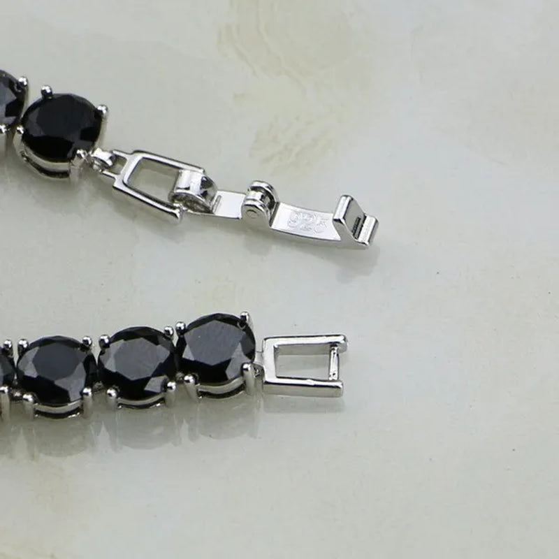 925 Sterling Silver Jewelry Black Sapphire White Topaz Round Link Chain Bracelet 7 inch For Women Wedding Free Gift Box - WORLD TIME VISITS