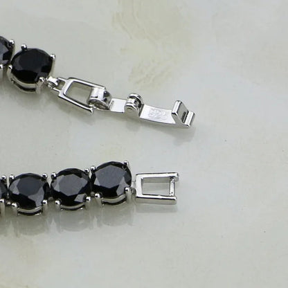 925 Sterling Silver Jewelry Black Sapphire White Topaz Round Link Chain Bracelet 7 inch For Women Wedding Free Gift Box - WORLD TIME VISITS