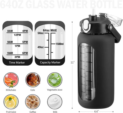 64 Oz Glass Water Bottle with Straw and 2 Lids, Half Gallon Water Bottle with Sleeve, Large Insulated 2 Liter Glass Water Jug Time Marker with Handle