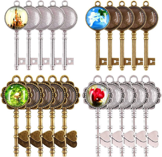 48 - Pieces Vintage Pendant Trays Set, 24Pcs Skeleton Keys Pendant Trays with 24Pcs Bright Glass Dome Tiles Cabochon for DIY Wedding Party Gifts Jewelry Necklace Pendants Decoration - WORLD TIME VISITS