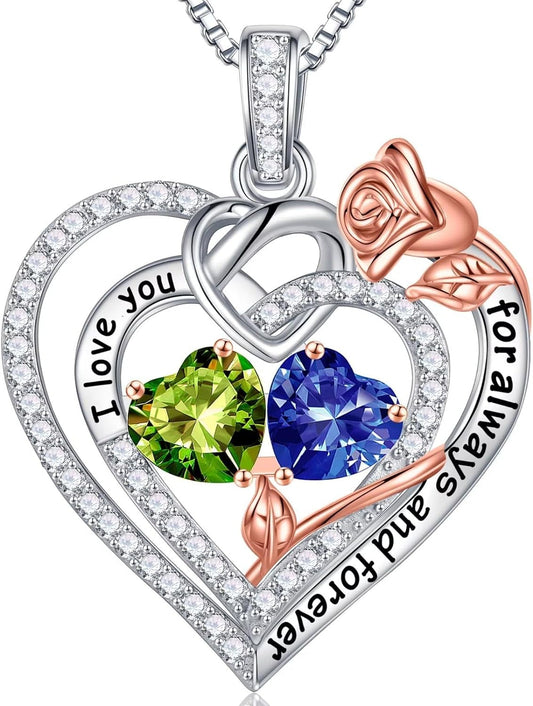 Rose Heart Necklace Gifts for Wife Women - 925 Sterling Silver Double Birthstone Necklace, Anniversary Birthday Gifts for Women, Jewelry Gifts for Wife Girlfriend Mom Her - WORLD TIME VISITS