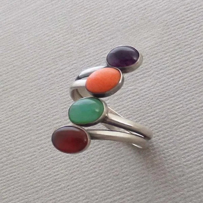 American Indian Retro Marcasite Ring Coral Garnet Amethyst Emerald Ring