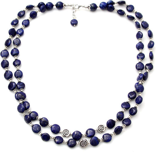 Artisan Handmade Lapis Lazuli Strand Necklace Sterling Silver Blue Beaded India Royal Reflecting Pond Birthstone [22 in L X 0.8 in W Extender 0.8 in L] ' Midnight Breeze'