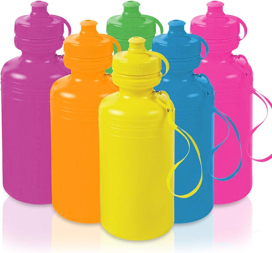 Bulk Water Bottles, Neon Assorted Colors, 12 Bottles, BPA Free Plastic, Lightweight, 18 Oz, Leak Proof Design