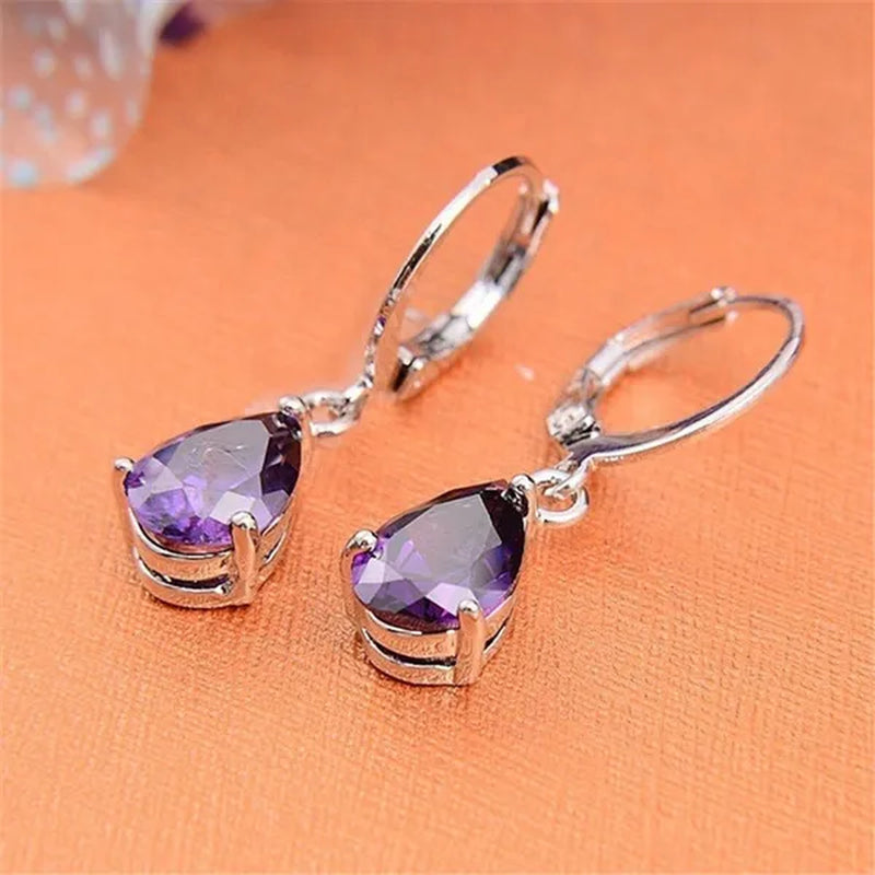 Women Silver Plated Pink Blue Cubic Zirconia Earrings Water Drop Pendant Earrings Bride Wedding Engagement Anniversary Gift Jewelry
