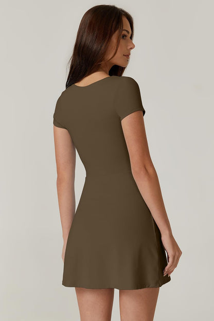 Womens Square Neck Tennis Dress Short Sleeve Built in Shorts Golf Athletic Dress with Pockets - WORLD TIME VISITS