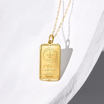 Italian 24Kt Yellow Gold Fleur-De-Lis 2-Gram Ingot Pendant Necklace with 14Kt Yellow Gold Frame. 20 Inches