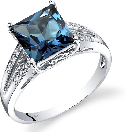 14K White Gold London Blue Topaz and Diamond Ring for Women, 3 Carats Princess Cut 8Mm, Elegant Cathedral Design, Natural Gemstone, Size 7, December Birthstone Ring, - WORLD TIME VISITS