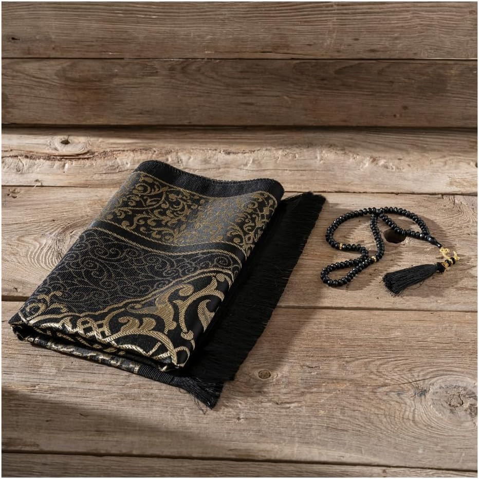 Muslim Prayer Rug with Tasbih - Prayer Mat - Islamic Gifts Set - Prayer Matt Islam - Travel Prayer Mat - Islamıc Prayer Rug - Portable Prayer Mat - Muslim Gifts for Women Men (Black)