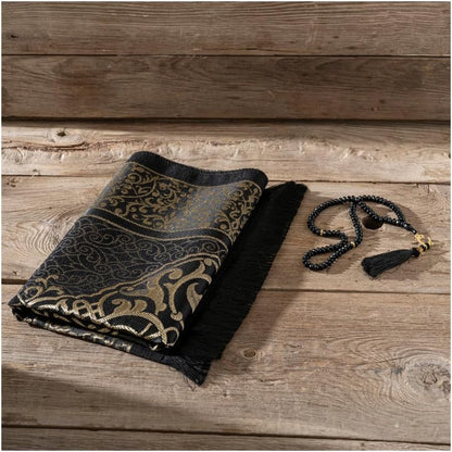 Muslim Prayer Rug with Tasbih - Prayer Mat - Islamic Gifts Set - Prayer Matt Islam - Travel Prayer Mat - Islamıc Prayer Rug - Portable Prayer Mat - Muslim Gifts for Women Men (Black)