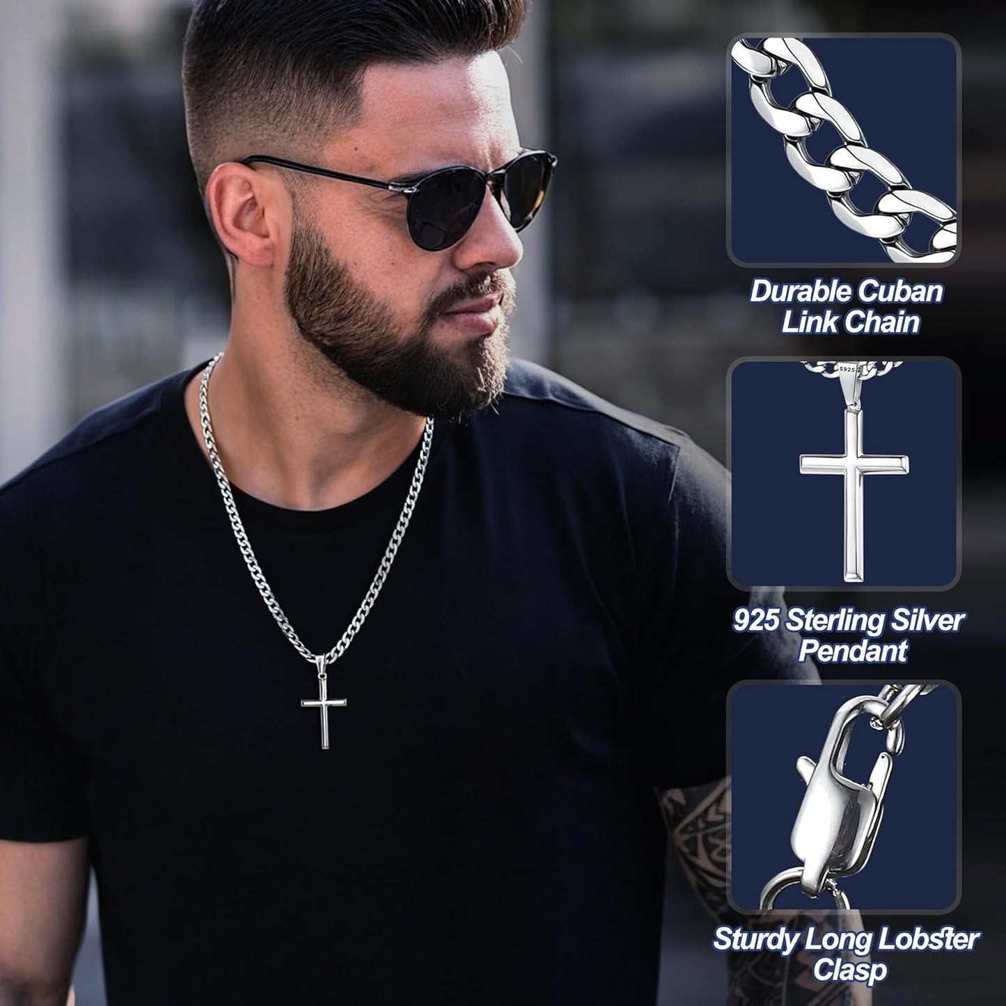 925 Sterling Silver Cross Necklace Beveled Edge for Men Women 5Mm Stainless Steel Non Tarnish Durable Cuban Link Curb Chain Crucifix Pendant Necklace Jewelry 16-30 Inches Christian Baptism Gifts