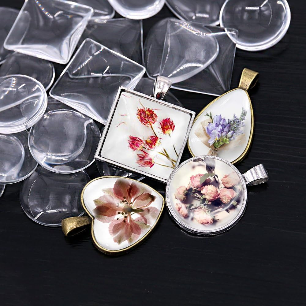 48-Pieces 4 Styles Pendant Trays 24Pcs round & Square & Heart & Teardrop and 24Pcs Bright Glass Cabochon Dome Tiles for Crafting DIY Jewelry Gift Making