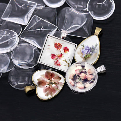 48-Pieces 4 Styles Pendant Trays 24Pcs round & Square & Heart & Teardrop and 24Pcs Bright Glass Cabochon Dome Tiles for Crafting DIY Jewelry Gift Making