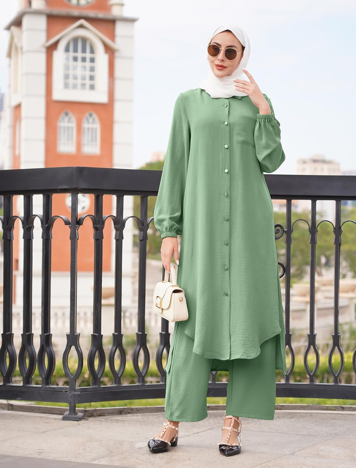 Women'S Muslim 2 Pieces Sets Long Sleeve Button down Shirt and Pants Abaya Casual Dress Dubai Outfits