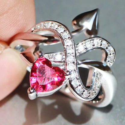 Eros Ring Silver Natural Gemstones White Sapphire & Ruby Wedding Birthstone Bride Engagement Multilevel Heart Cross Ring Jewelry Size 6 7 8 9 10