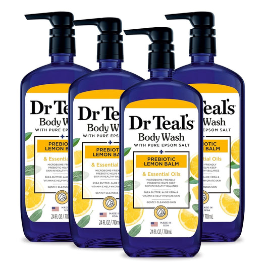 Body Wash with Pure Epsom Salt, with Prebiotic Lemon Balm & Sage, 24 Fl Oz (Pack of 4)