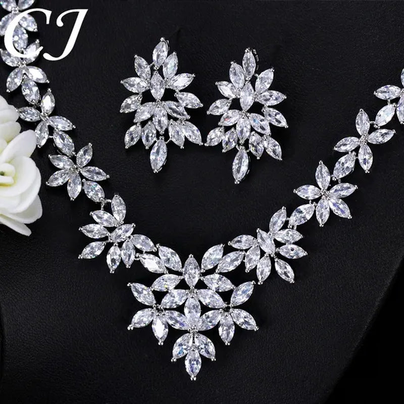 CANDICE High Quality White Gold Plated Wedding Jewelry Set Pave Luxury CZ Stone African Nigerian Big Flower Dangle Earrings Necklace for Bride