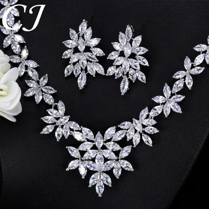 CANDICE High Quality White Gold Plated Wedding Jewelry Set Pave Luxury CZ Stone African Nigerian Big Flower Dangle Earrings Necklace for Bride