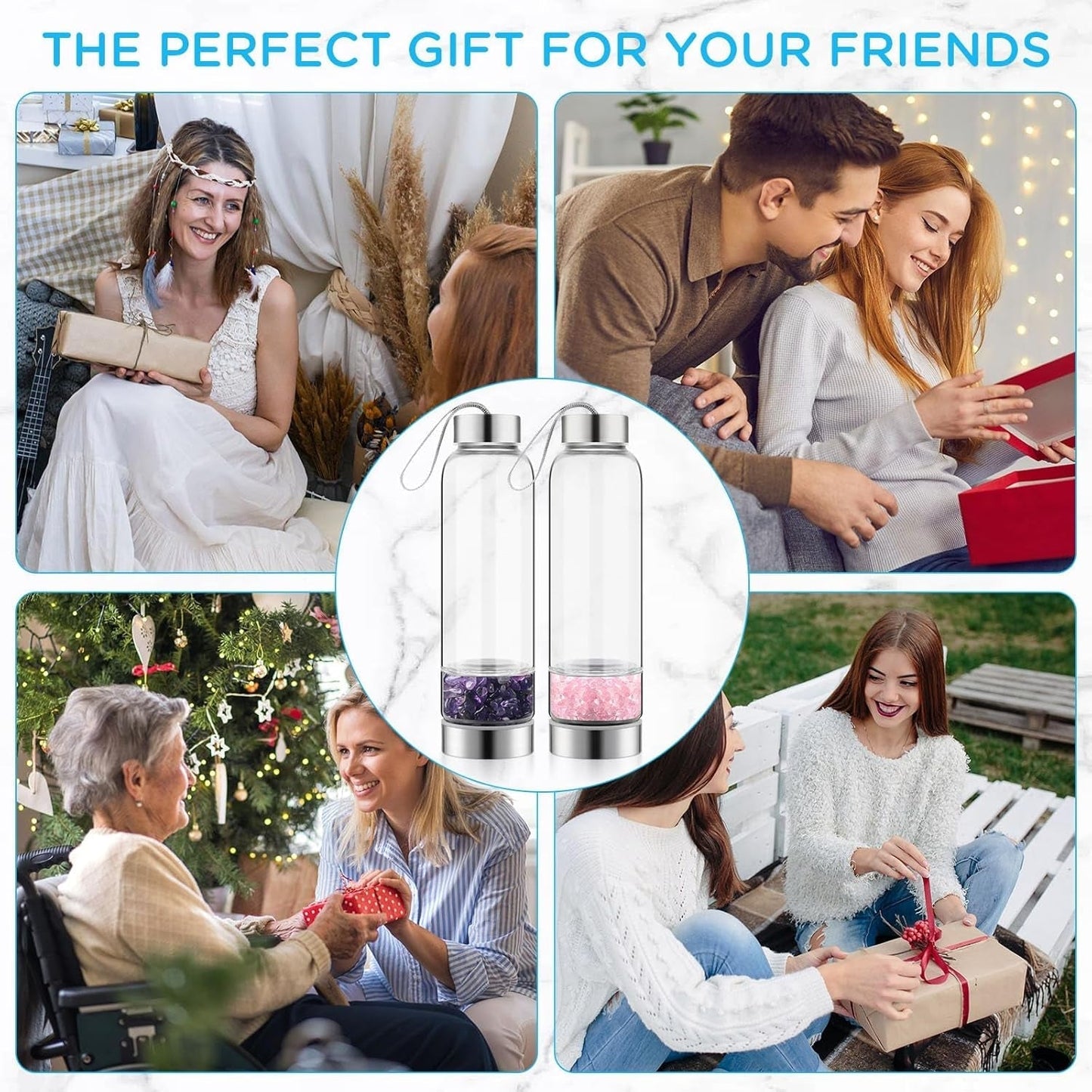 2 Pieces Crystal Glass Water Bottle with Gemstone Center Natural Amethyst and Rose Quartz Clear Water Bottle Quartz Crystal Cup Energy Cup for Healing and Wellness