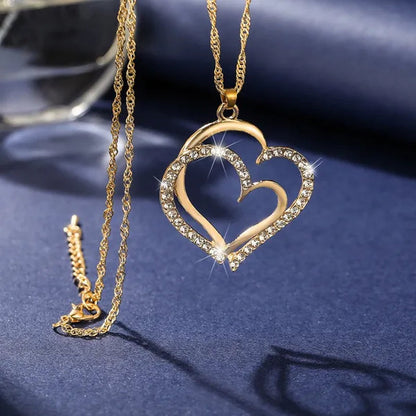 Classic Diamond Crystal Heart Pendant Necklace and Earrings Set Wedding Party Jewelry Set for Women