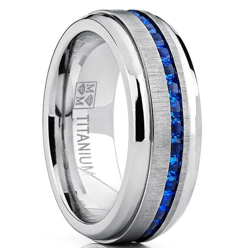 Men's 2.4Ct Eternity Titanium Wedding Band Engagement Ring W/ Blue Simulated Sapphire Cubic Zirconia Princess CZ