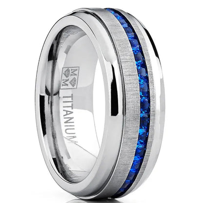 Men's 2.4Ct Eternity Titanium Wedding Band Engagement Ring W/ Blue Simulated Sapphire Cubic Zirconia Princess CZ