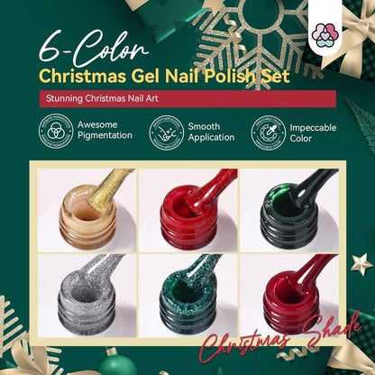 Christmas Gel Nail Polish Kit - 6 Colors Gel Nail Polish Kit with U V Light Christmas Limited Series 2.12Oz. Clear Builder Nail Gel UPF 200+ U V Protection Gloves Nail Tech Gifts