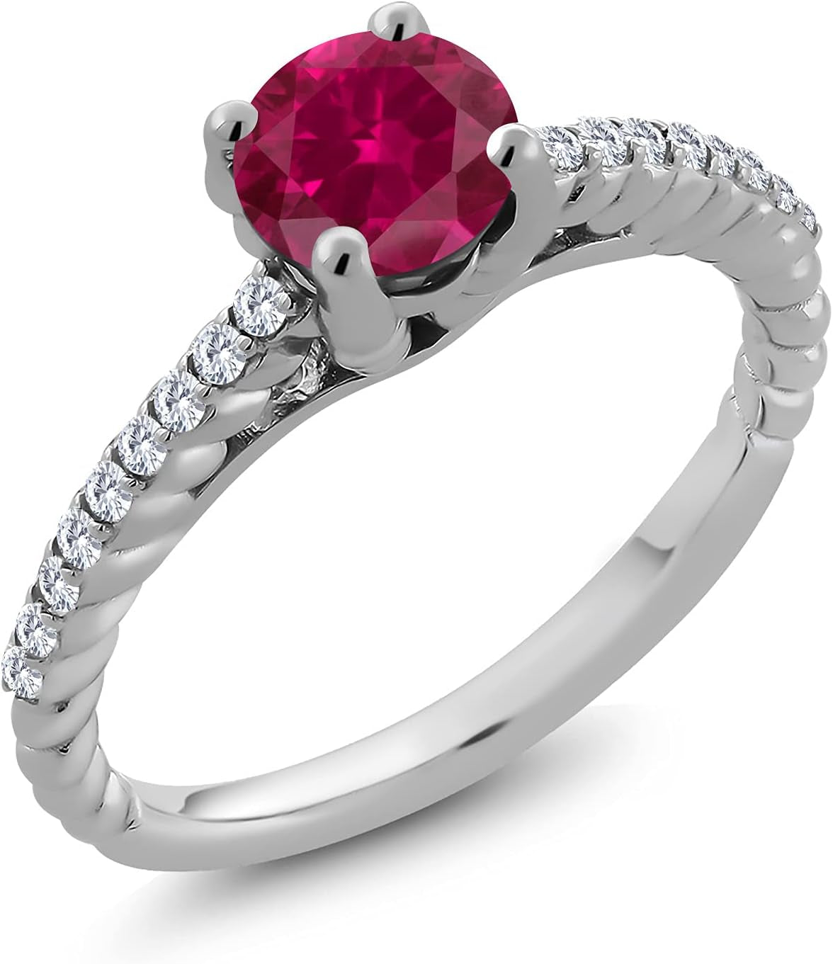 925 Sterling Silver Red Created Ruby and White Moissanite Engagement Ring for Women (1.73 Cttw, round 7MM, Available in Size 5, 6, 7, 8, 9) - WORLD TIME VISITS